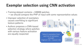 Exemplar selection using CNN activation
• Training dataset contains ~100000 patches
→ we should compare the PHP of input with some representative values
• Improper selection of exemplars
causes overfitting to significant
texture patterns
• Authors proposes a CNN-based
selection strategy where patches
with various feature activation
are equally respected Select k exemplars from
each bin of activation
strength
(highest 1/Q ~ lowest 1/Q)
 