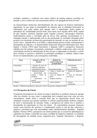 avaliados mediante o confronto com outros índices da própria empresa ocorridos no
passado e com os índices de seus concorrentes diretos e do agregado do ramo do setor”.

As demonstrações financeiras individualmente não são capazes de fornecer informações
importantes no que tange ao desempenho da empresa, mas se alinhadas forneceram as
informações que serão usadas para agregar valor à organização. Serão usados os
indicadores de: rentabilidade (receita bruta, lucro bruto, lucro liquido, ROA, ROE, capital
de giro líquido), solvência (liquidez geral, liquidez corrente), alavancagem financeira
(endividamento geral), e Atividade (giro do ativo). Eles apontam concretamente se a
estratégia traçada e implementada está ou não produzindo os resultados desejados pelos
gestores e/ou acionistas, na busca da maximização de mercado, ou seja, no aumento de seu
market share. Segundo Ross et al (2002), a administração precisa avaliar continuamente o
desempenho da empresa, e as demonstrações financeiras fornecem informações úteis. Para
Kaplan e Norton (1997) apud Nascimento e Reginato (2007) a perspectiva financeira
trabalha com três estágios: crescimento, sustentação e colheita, sendo assim, cabe a área de
controladoria auxiliar na identificação da fase em que a organização se encontra e a partir
disso auxiliar os gestores a definirem as principais estratégias e, também, indicar como
devem ser implementadas e, por conseguinte, controladas.

           Fases            Aumento e Mix de               Redução de            Utilização dos ativos
                               Receita                 custos/Aumento de
                                                         produtividade
Crescimento               - aumento da taxa de                                  - investimento;
                          vendas por segmento;                                  -       pesquisa      e
                          - percentual de receita.    Receita/funcionário       desenvolvimento
Sustentação               - seleção de clientes;      - custos x custos dos     - índices de capital de
                          - lucratividade por         concorrentes;             giro;
                          clientes e linhas de        - taxas de redução de     - taxas de utilização
                          produtos;                   custos;                   dos ativos
                          -     percentuais      de   - despesas indiretas
                          receita.
Colheita                  - lucratividade             - custos unitários         - retorno;
                                                                                 - rendimento
Quadro 2. Medição da perspectiva financeira. Fonte: Nascimento e Reginato (2007).

2.1.2 Perspectiva do Cliente
O propósito da perspectiva do cliente no artigo é identificar as melhores formas de agregar
valor aos clientes, ou seja, como a organização deve competir para criar valor aos seus
consumidores. Sendo assim é coerente dizer que as organizações devem focar em
estratégias coerentes que possam satisfazer os clientes proporcionando melhores margens
de lucro e maximização de mercado. Então, a perspectiva do cliente leva a analisar o
desempenho da organização na ótica do cliente. Os consumidores possuem interesses
muitas vezes diversos dos gestores e é fundamental avaliar se eles de fato valorizam a
empresa e percebem que suas necessidades sendo satisfatoriamente atendidas. Segundo
Kaplan e Norton (1997), a perspectiva do cliente permite que os executivos identifiquem os
segmentos de clientes e mercados nos quais a unidade de negócios competirá e as medidas
do desempenho da unidade nesses segmentos-alvo. Segundo Nascimento e Reginato



Tópicos V - Controladoria                                                                                15
 