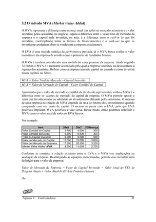 3.2 O método MVA (Market Value Added)
O MVA representa a diferença entre o preço atual das ações no mercado acionário e o valor
investido pelos acionistas no negócio. Apura a diferença entre o valor total de mercado da
empresa e o capital nela investido, ou seja, é a diferença entre o cash-in (o que foi
investido, contemplando todas as formas de financiamento) e o cash-out (o que os
investidores poderiam obter se vendessem a empresa atualmente).

O EVA é uma medida estática da performance passada, já o MVA busca avaliar o valor
econômico da empresa de acordo como o potencial de resultados futuros.

O MVA é também considerado uma medida do valor presente da empresa. Ainda segundo
Al Ehbar, o MVA é o montante acumulado pelo qual a empresa valorizou ou desvalorizou a
riqueza dos acionistas. Reflete como a empresa investiu capital no passado e como investirá
novos capitais no futuro.

MVA = Valor Total de Mercado – Capital Investido
MVA = Valor de Mercado do Capital – Valor Contábil do Capital

Assumindo que o valor de mercado e contábil da dívida são equivalentes, então o MVA é a
diferença entre os valores de mercado do capital da empresa. O MVA permite apurar o
valor que foi adicionado ou subtraído do investimento efetuado pelos acionistas. O sucesso
de uma empresa na criação de MVA depende da taxa de retorno dos investimentos quando
comparada com seu custo de capital. O mesmo se passa com o EVA, pelo que EVA
positivos implicam MVA positivos e vice-versa. Desse modo, então podemos redefinir o
MVA como o valor atual de todos os EVA futuros.

Por exemplo:

              Item               20x6      20x7     Diferença
Valor Contábil do Capital         3.700     4.000         300
Valor Contábil da Dívida          5.300     5.500         200
Total do Capital Investido        9.000     9.500         500
Valor de Mercado do Capital      12.000    15.000       3.000
Valor de Mercado da Empresa      17.300    20.500       3.200
Market Value Added MVA            8.300    11.000       2.700

Conforme se constata, a relação existente entre o EVA e o MVA tem implicações na
avaliação da empresa. Rearranjando as equações mencionadas, permite-nos encontrar uma
definição para o valor da empresa:

Valor de Mercado da Empresa = Valor do Capital Investido + Valor Atual do EVA de
Projetos Atuais + Valor Atual do EVA de Projetos Futuros

Ou




Tópicos V – Controladoria                                                               31
 