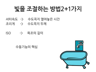 빛을 조절하는 방법2+1가지셔터속도   ->     수도꼭지 열어놓은 시간조리게      ->     수도꼭지 두께ISO          ->     욕조의 깊이           수동기능의 핵심