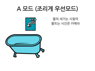 A 모드 (조리게 우선모드)물의 세기는 사람이물트는 시간은 카메라