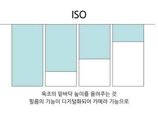 ISO욕조의 밑바닥 높이를 올려주는 것필름의 기능이 디지털화되어 카메라 기능으로