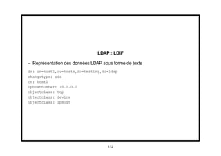 LDAP : LDIF

– Représentation des données LDAP sous forme de texte
dn: cn=host1,ou=hosts,dc=testing,dc=ldap
changetype: add
cn: host1
iphostnumber: 10.0.0.2
objectclass: top
objectclass: device
objectclass: ipHost




                                     172
 
