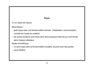 Noyau

Il y a 2 types de noyaux,

Micro-Noyau :
– petit noyau avec une fonctionnalité minimale : Initialisation, communication,
  contrôle de l’accès au matériel
– les autres fonctions sont mises dans des processus externes qui sont lancés
  dans l’espace utilisateur
Noyau monolithique :
– un seul noyau avec la fonctionnalité complète, souvent avec des parties
  sous-utilisées




                                         29
 