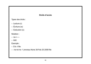 Droits d’accès

Types des droits :

– Lecture (r)
– Écriture (w)
– Exécution (x)

Notation :
– rw-r—–
– 640
Exemple :
– $ ls -l ﬁle
– -rw-rw-rw- 1 jmoreau None 38 Feb 25 2008 ﬁle




                                      40
 