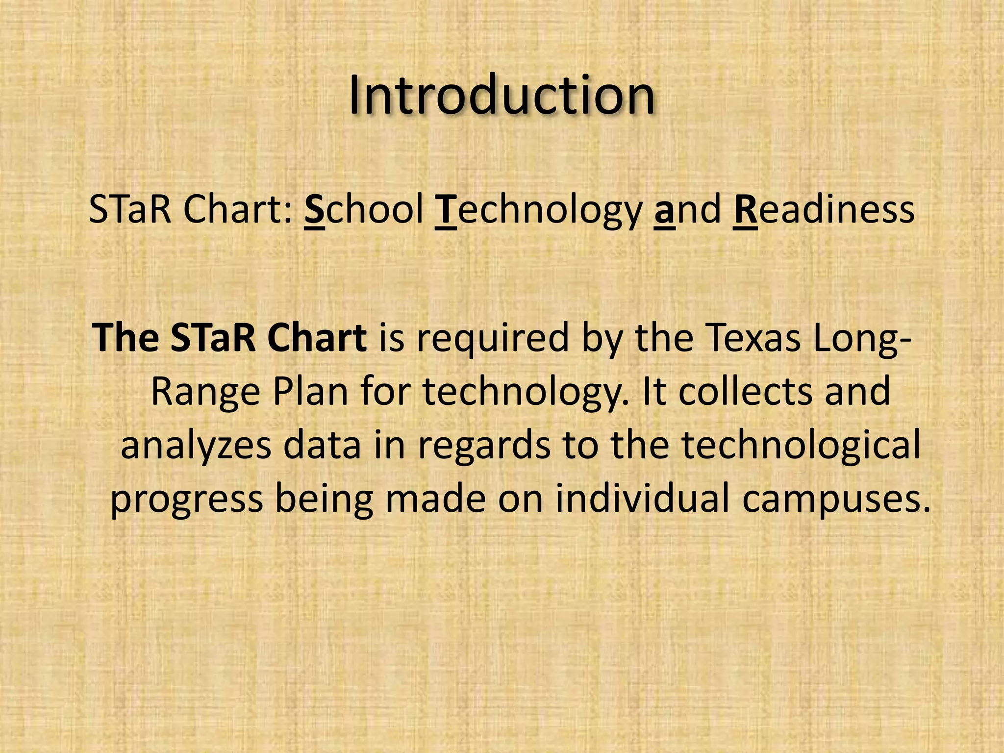 IntroductionSTaR Chart: School Technology and ReadinessThe STaR Chart is required by the Texas Long-Range Plan for technology. It collects and analyzes data in regards to the technological progress being made on individual campuses. 