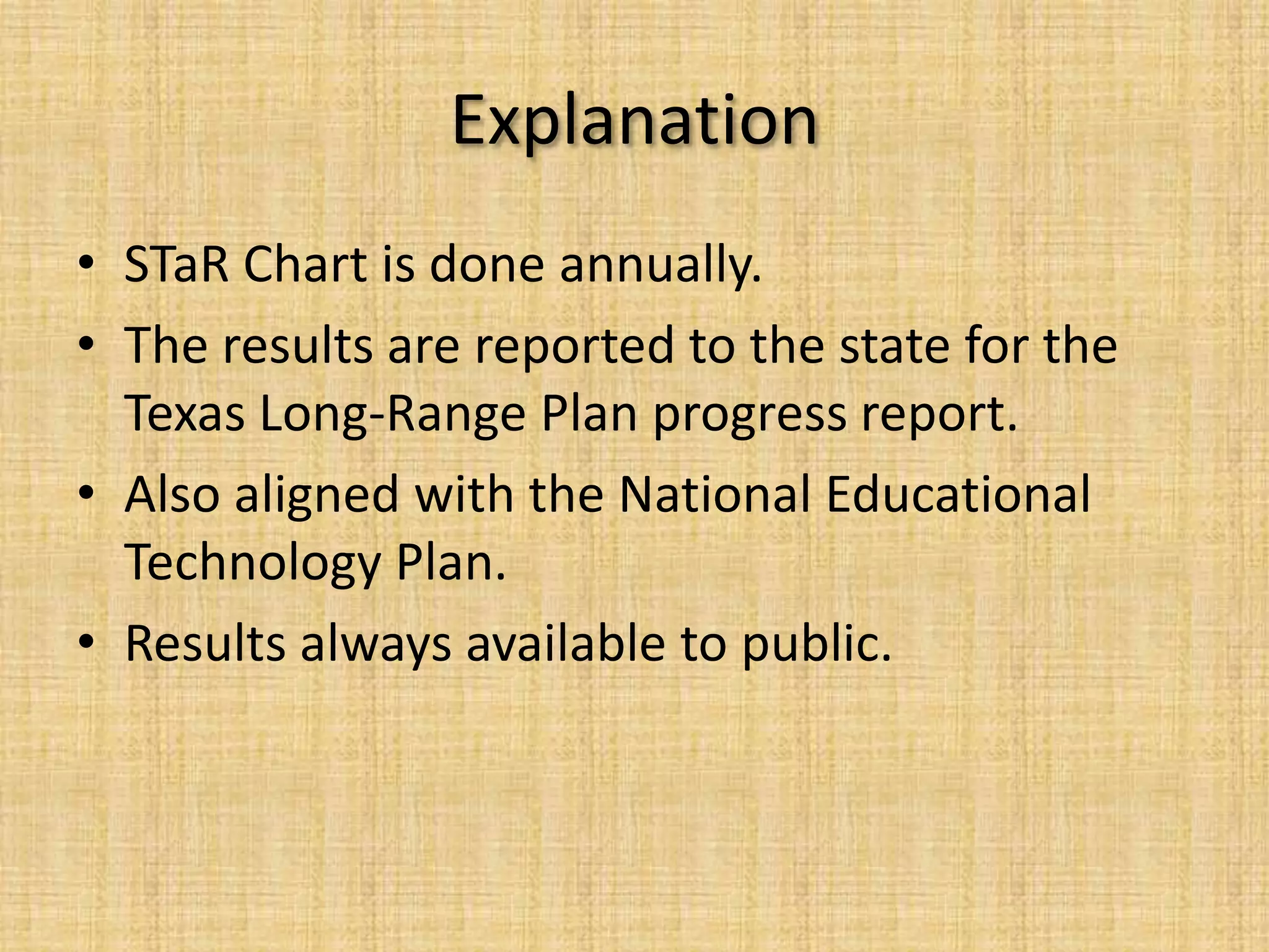 ExplanationSTaR Chart is done annually. The results are reported to the state for the Texas Long-Range Plan progress report.Also aligned with the National Educational Technology Plan. Results always available to public. 