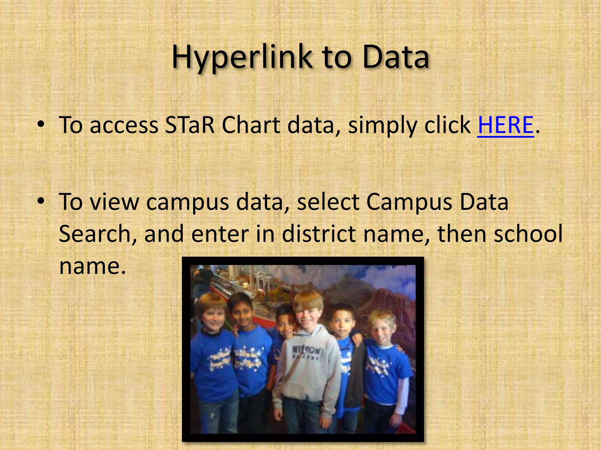 Hyperlink to DataTo access STaR Chart data, simply click HERE. To view campus data, select Campus Data Search, and enter in district name, then school name. 