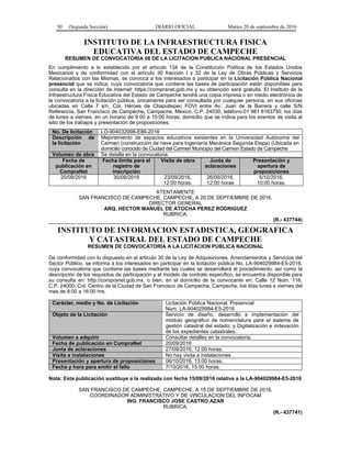 50 (Segunda Sección) DIARIO OFICIAL Martes 20 de septiembre de 2016
INSTITUTO DE LA INFRAESTRUCTURA FISICA
EDUCATIVA DEL ESTADO DE CAMPECHE
RESUMEN DE CONVOCATORIA 06 DE LA LICITACION PUBLICA NACIONAL PRESENCIAL
En cumplimiento a lo establecido por el artículo 134 de la Constitución Política de los Estados Unidos
Mexicanos y de conformidad con el artículo 30 fracción I y 32 de la Ley de Obras Públicas y Servicios
Relacionados con las Mismas, se convoca a los interesados a participar en la Licitación Pública Nacional
presencial que se indica, cuya convocatoria que contiene las bases de participación están disponibles para
consulta en la dirección de Internet: https://compranet.gob.mx y su obtención será gratuita. El Instituto de la
Infraestructura Física Educativa del Estado de Campeche tendrá una copia impresa o en medio electrónica de
la convocatoria a la licitación pública, únicamente para ser consultada por cualquier persona, en sus oficinas
ubicadas en Calle 7 s/n, Col. Héroes de Chapultepec FOVI entre Av. Juan de la Barrera y calle S/N
Referencia, San Francisco de Campeche, Campeche, México, C.P. 24030, teléfono:01 981 8163750, los días
de lunes a viernes, en un horario de 9:00 a 15:00 horas; domicilio que se indica para los eventos de visita al
sitio de los trabajos y presentación de proposiciones,
No. De licitación LO-904032998-E86-2016
Descripción de
la licitación
Mejoramiento de espacios educativos existentes en la Universidad Autónoma del
Carmen (construcción de nave para Ingeniería Mecánica Segunda Etapa) (Ubicada en
domicilio conocido de Ciudad del Carmen Municipio del Carmen Estado de Campeche
Volumen de obra Se detalla en la convocatoria.
Fecha de
publicación en
CompraNet
Fecha límite para el
registro de
inscripción
Visita de obra Junta de
aclaraciones
Presentación y
apertura de
proposiciones
20/09/2016 30/09/2016 23/09/2016,
12:00 horas.
26/09/2016,
12:00 horas
5/10/2016,
10:00 horas.
ATENTAMENTE
SAN FRANCISCO DE CAMPECHE, CAMPECHE, A 20 DE SEPTIEMBRE DE 2016.
DIRECTOR GENERAL
ARQ. HECTOR MANUEL DE ATOCHA PEREZ RODRIGUEZ
RUBRICA.
(R.- 437744)
INSTITUTO DE INFORMACION ESTADISTICA, GEOGRAFICA
Y CATASTRAL DEL ESTADO DE CAMPECHE
RESUMEN DE CONVOCATORIA A LA LICITACION PUBLICA NACIONAL
De conformidad con lo dispuesto en el artículo 30 de la Ley de Adquisiciones, Arrendamientos y Servicios del
Sector Público, se informa a los interesados en participar en la licitación pública No. LA-904029984-E5-2016,
cuya convocatoria que contiene las bases mediante las cuales se desarrollará el procedimiento, así como la
descripción de los requisitos de participación y el modelo de contrato específico, se encuentra disponible para
su consulta en: http://compranet.gob.mx, o bien, en el domicilio de la convocante en: Calle 12 Núm. 116,
C.P. 24000, Col. Centro de la Ciudad de San Francisco de Campeche, Campeche, los días lunes a viernes del
mes de 8:00 a 16:00 hrs.
Carácter, medio y No. de Licitación Licitación Pública Nacional, Presencial
Núm. LA-904029984-E5-2016
Objeto de la Licitación Servicio de diseño, desarrollo e implementación del
módulo geográfico de nomenclatura para el sistema de
gestión catastral del estado; y Digitalización e indexación
de los expedientes catastrales.
Volumen a adquirir Consultar detalles en la convocatoria.
Fecha de publicación en CompraNet 20/09/2016
Junta de aclaraciones 27/09/2016, 12:00 horas.
Visita a instalaciones No hay visita a instalaciones
Presentación y apertura de proposiciones 06/10/2016, 13:00 horas.
Fecha y hora para emitir el fallo 7/10/2016, 15:00 horas.
Nota: Esta publicación sustituye a la realizada con fecha 15/09/2016 relativa a la LA-904029984-E5-2016
SAN FRANCISCO DE CAMPECHE, CAMPECHE, A 15 DE SEPTIEMBRE DE 2016.
COORDINADOR ADMINISTRATIVO Y DE VINCULACION DEL INFOCAM
ING. FRANCISCO JOSE CASTRO AZAR
RUBRICA.
(R.- 437741)
 