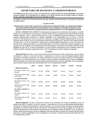 6 (Primera Sección) DIARIO OFICIAL Martes 20 de septiembre de 2016
SECRETARIA DE HACIENDA Y CREDITO PUBLICO
ACUERDO por el cual se dan a conocer los montos de los estímulos fiscales, las cuotas disminuidas y los precios
máximos al público de las gasolinas que se enajenen en la región fronteriza con los Estados Unidos de América,
durante el período comprendido del 21 al 27 de septiembre de 2016.
Al margen un sello con el Escudo Nacional, que dice: Estados Unidos Mexicanos.- Secretaría de Hacienda
y Crédito Público.
Acuerdo 70 /2016
Acuerdo por el cual se dan a conocer los montos de los estímulos fiscales, las cuotas disminuidas y
los precios máximos al público de las gasolinas que se enajenen en la región fronteriza con los
Estados Unidos de América, durante el período comprendido del 21 al 27 de septiembre de 2016.
MIGUEL MESSMACHER LINARTAS, Subsecretario de Ingresos de la Secretaría de Hacienda y Crédito
Público, con fundamento en los artículos 31, fracción XXXIV de la Ley Orgánica de la Administración Pública
Federal; segundo, cuarto y quinto del Decreto por el que se establecen estímulos fiscales en materia del
impuesto especial sobre producción y servicios aplicables a los combustibles que se indican, y Quinto,
fracción III del Decreto por el que se reforman, adicionan y derogan diversas disposiciones de la Ley del
Impuesto sobre la Renta, de la Ley del Impuesto Especial sobre Producción y Servicios, del Código Fiscal de
la Federación y de la Ley Federal de Presupuesto y Responsabilidad Hacendaria, se dan a conocer los
montos de los estímulos fiscales, las cuotas disminuidas y los precios máximos al público aplicables a las
gasolinas que se enajenen en la franja fronteriza de 20 kilómetros y el territorio comprendido entre las líneas
paralelas de más de 20 y hasta 45 kilómetros a la línea divisoria internacional con los Estados Unidos de
América, durante el periodo comprendido del 21 al 27 de septiembre de 2016, mediante el siguiente
ACUERDO
Artículo Primero.- Se dan a conocer los montos de los estímulos, las cuotas de gasolinas a que se refiere
el artículo 2o., fracción I, inciso D), numeral 1, subincisos a) y b) de la Ley del Impuesto Especial sobre
Producción y Servicios disminuidas con dichos estímulos, así como los precios máximos de las gasolinas,
aplicables en la franja fronteriza a que se refiere el artículo segundo del Decreto por el que se establecen
estímulos fiscales en materia del impuesto especial sobre producción y servicios aplicables a los combustibles
que se indican, durante el período comprendido del 21 al 27 de septiembre de 2016.
Zona I Zona II Zona III Zona IV Zona V Zona VI Zona VII
I.- Monto del estímulo:
a) Gasolina menor a 92
octanos:
$0.219 $1.169 $2.860 $3.237 $3.237 $3.237 $3.237
b) Gasolina mayor o igual
a 92 octanos:
$0.000 $0.616 $1.649 $1.809 $2.198 $2.246 $2.467
II.- Cuota disminuida:
a) Gasolina menor a 92
octanos:
$3.018 $2.068 $0.377 $0.000 $0.000 $0.000 $0.000
b) Gasolina mayor o igual
a 92 octanos:
$2.467 $1.851 $0.818 $0.658 $0.269 $0.221 $0.000
III.- Precios máximos al
público:
a) Gasolina menor a 92
octanos:
$13.73 $12.62 $10.66 $10.23 $10.23 $10.23 $10.23
b) Gasolina mayor o igual
a 92 octanos:
$14.81 $14.10 $12.90 $12.71 $12.26 $12.20 $11.95
Artículo Segundo.- Se dan a conocer los montos de los estímulos, las cuotas de gasolinas a que se
refiere el artículo 2o., fracción I, inciso D), numeral 1, subincisos a) y b) de la Ley del Impuesto Especial sobre
Producción y Servicios disminuidas con dichos estímulos, así como los precios máximos de las gasolinas,
aplicables en la franja fronteriza dentro del territorio comprendido entre las líneas paralelas de más de 20 y
hasta 45 kilómetros a la línea divisoria internacional con los Estados Unidos de América a que se refiere el
artículo cuarto del Decreto por el que se establecen estímulos fiscales en materia del impuesto especial sobre
producción y servicios aplicables a los combustibles que se indican, durante el período comprendido del 21 al
27 de septiembre de 2016.
 