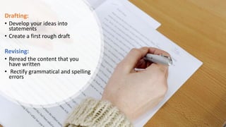 Drafting:
• Develop your ideas into
statements
• Create a first rough draft
Revising:
• Reread the content that you
have written
• Rectify grammatical and spelling
errors
 