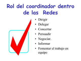 Rol del coordinador dentro
      de las Redes
          •   Dirigir
          •   Delegar
          •   Concertar
          •   Persuadir
          •   Negociar.
          •   Informar
          •   Fomentar el trabajo en
              equipo
 