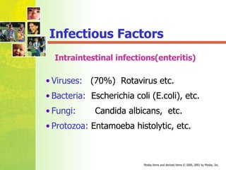 Intraintestinal infections(enteritis) Viruses:   (70%)  Rotavirus etc. Bacteria:   Escherichia coli (E.coli), etc. Fungi:   Candida albicans,  etc. Protozoa:   Entamoeba histolytic, etc. Infectious Factors 