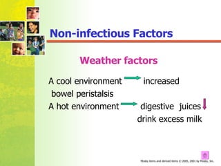 Weather factors A cool environment  increased  bowel peristalsis A hot environment  digestive  juices  drink excess milk Non-infectious Factors 