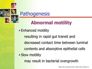 Abnormal motility Enhanced motility   resulting in rapid gut transit and decreased contact time between luminal  contents and absorptive epithelial cells Slow motility   may result in bacterial overgrowth Pathogenesis 