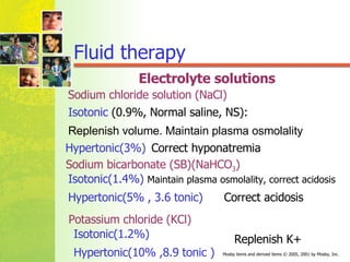 Fluid therapy Electrolyte solutions Sodium chloride solution (NaCl) Isotonic  (0.9%, Normal saline, NS): Replenish volume. Maintain plasma osmolality Hypertonic(3%)   Correct hyponatremia Sodium bicarbonate (SB)(NaHCO 3 ) Isotonic(1.4%)   Maintain plasma osmolality, correct acidosis Hypertonic(5% , 3.6 tonic)   Correct acidosis Potassium chloride (KCl) Isotonic(1.2%)  Hypertonic(10% ,8.9 tonic ) Replenish K+ 