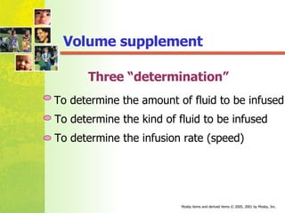 Volume supplement To determine the amount of fluid to be infused To determine the kind of fluid to be infused To determine the infusion rate (speed) Three “determination” 