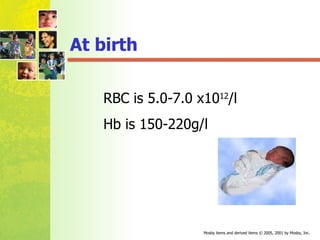 At birth   RBC is 5.0-7.0 x10 12 /l  Hb is 150-220g/l   