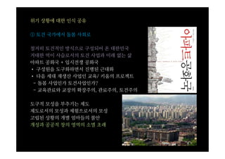 위기 상황에 대한 인식 공유

① 토건 국가에서 돌봄 사회로

철저히 토건적인 방식으로 구성되어 온 대한민국
거대한 먹이 사슬로서의 토건 사업과 미래 없는 삶
아파트 공화국 + 입시전쟁 공화국
• 구성원을 도구화하면서 진행된 근대화
• 다음 세대 재생산 사업인 교육/ 키움의 프로젝트
 - 돌봄 사업인가 토건사업인가?
 - 교육관료와 교장의 확장주의, 관료주의, 토건주의

도구적 모성을 부추기는 제도
제도로서의 모성과 체험으로서의 모성
고립된 상황의 개별 엄마들의 불안
개성과 공공적 창의 영역의 소멸 초래
 