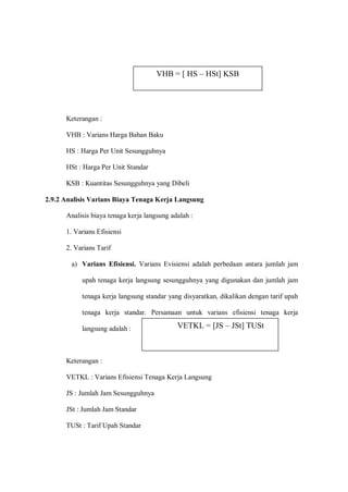 Keterangan :
VHB : Varians Harga Bahan Baku
HS : Harga Per Unit Sesungguhnya
HSt : Harga Per Unit Standar
KSB : Kuantitas Sesungguhnya yang Dibeli
2.9.2 Analisis Varians Biaya Tenaga Kerja Langsung
Analisis biaya tenaga kerja langsung adalah :
1. Varians Efisiensi
2. Varians Tarif
a) Varians Efisiensi. Varians Evisiensi adalah perbedaan antara jumlah jam
upah tenaga kerja langsung sesungguhnya yang digunakan dan jumlah jam
tenaga kerja langsung standar yang disyaratkan, dikalikan dengan tarif upah
tenaga kerja standar. Persamaan untuk varians efisiensi tenaga kerja
langsung adalah :
Keterangan :
VETKL : Varians Efisiensi Tenaga Kerja Langsung
JS : Jumlah Jam Sesungguhnya
JSt : Jumlah Jam Standar
TUSt : Tarif Upah Standar
VHB = [ HS – HSt] KSB
VETKL = [JS – JSt] TUSt
 