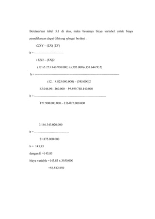 Berdasarkan tabel 5.1 di atas, maka besarnya biaya variabel untuk biaya
pemeliharaan dapat dihitung sebagai berikut :
nΣXY – (ΣX) (ΣY)
b = ----------------------------
n ΣX2 – (ΣX)2
(12 x5.253.840.930.000) x (395.000) (151.644.932)
b = ---------------------------------------------------------------------------------
(12. 14.825.000.000) – (395.000)2
63.046.091.160.000 – 59.899.748.140.000
b = ---------------------------------------------------------------------
177.900.000.000 – 156.025.000.000
3.146.343.020.000
b = ---------------------------------
21.875.000.000
b = 143,83
dengan B =143,83
biaya variable =143.83 x 3950.000
=56.812.850
 