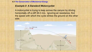 6.5 The Conservation of Mechanical Energy

Example 8 A Daredevil Motorcyclist
A motorcyclist is trying to leap across the canyon by driving
horizontally off a cliff 38.0 m/s. Ignoring air resistance, find
the speed with which the cycle strikes the ground on the other
side.

 