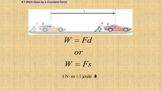 6.1 Work Done by a Constant Force

W

Fd
or

W

Fs

1 N m 1 joule J

 