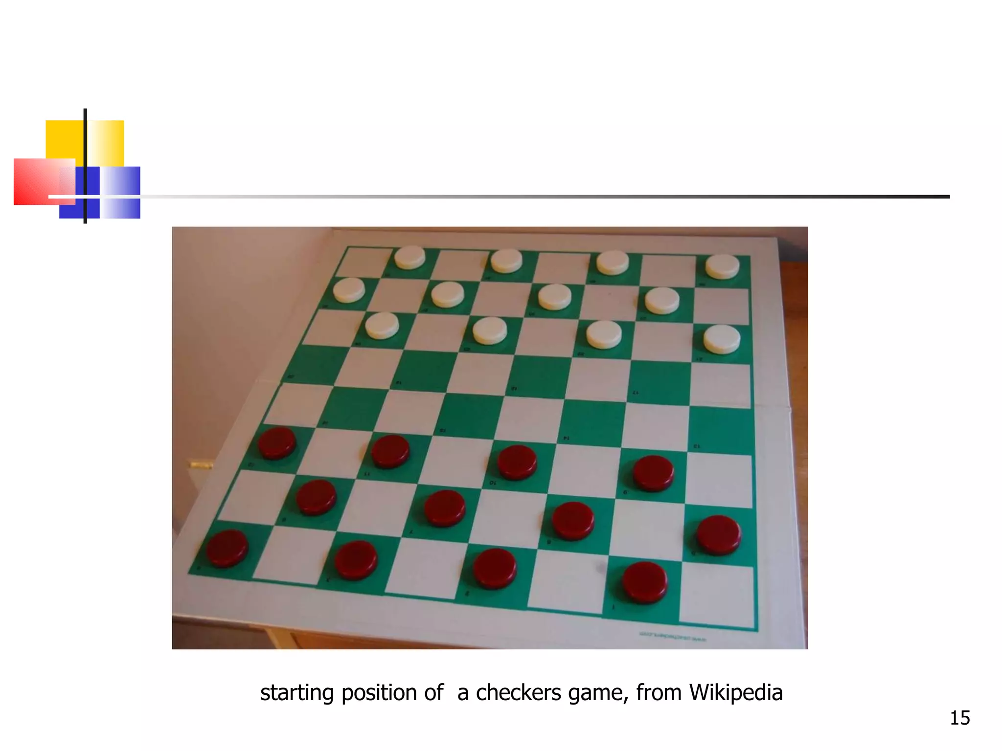 starting position of  a checkers game, from Wikipedia 
