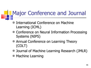 Major Conference and Journal International Conference on Machine Learning (ICML) Conference on Neural Information Processing Systems (NIPS) Annual Conference on Learning Theory (COLT) Journal of Machine Learning Research (JMLR) Machine Learning 
