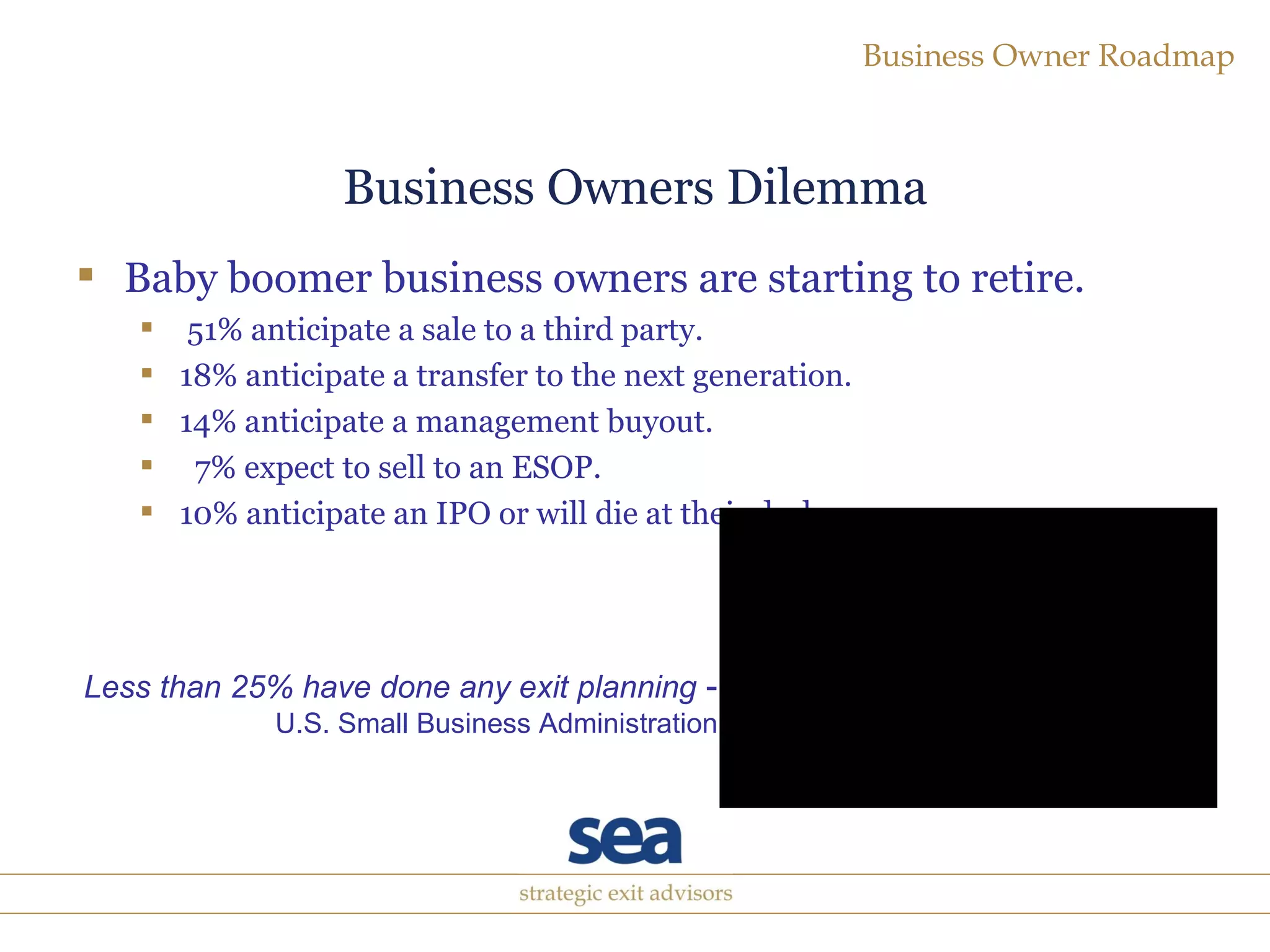 Business Owners Dilemma Baby boomer business owners are starting to retire. 51% anticipate a sale to a third party. 18% anticipate a transfer to the next generation. 14% anticipate a management buyout. 7% expect to sell to an ESOP. 10% anticipate an IPO or will die at their desks.  Less than 25% have done any exit planning  -  U.S. Small Business Administration 