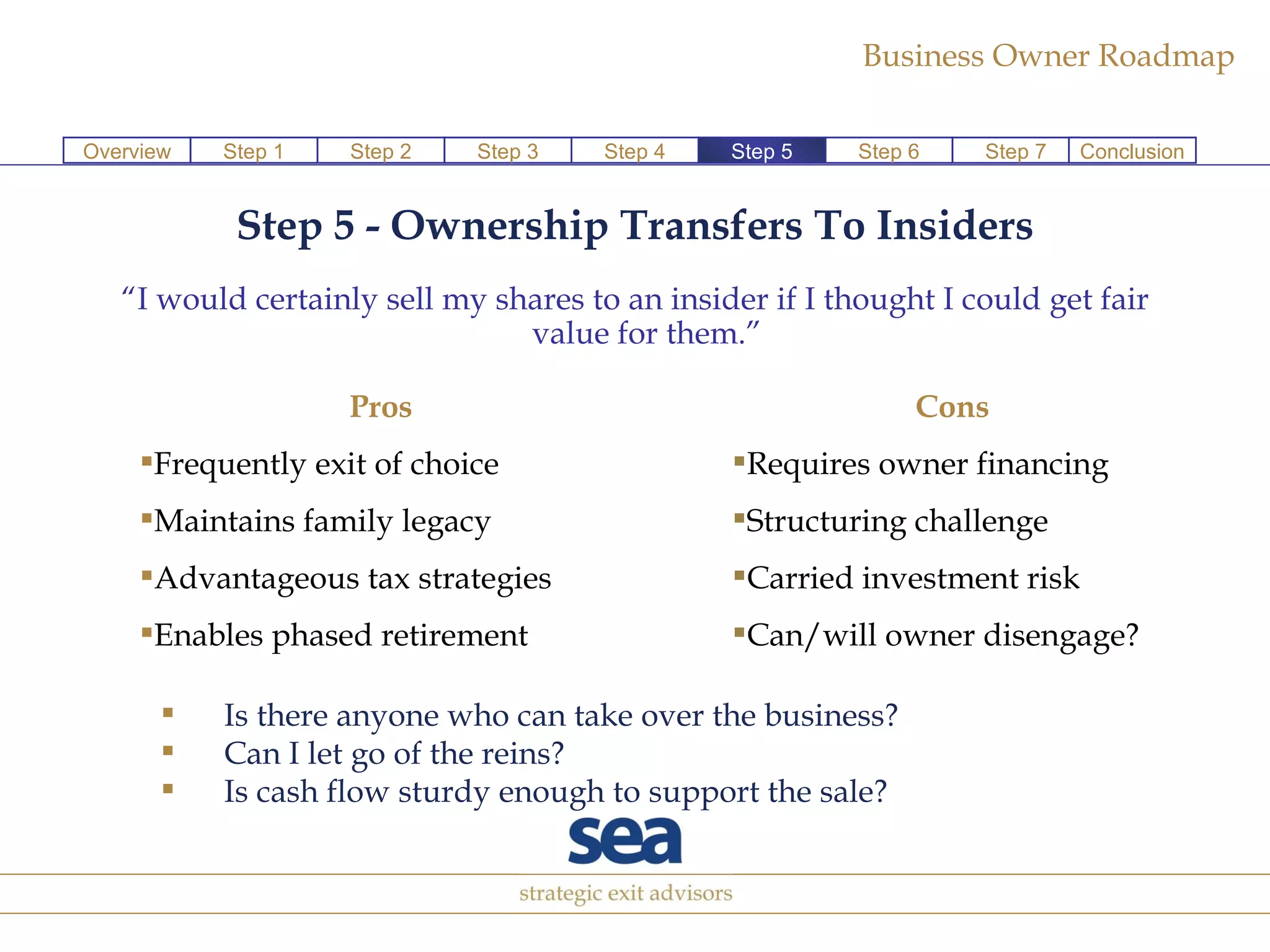 Step 5 - Ownership Transfers To Insiders “ I would certainly sell my shares to an insider if I thought I could get fair value for them.” Pros Frequently exit of choice Maintains family legacy  Advantageous tax strategies  Enables phased retirement Cons Requires owner financing  Structuring challenge Carried investment risk Can/will owner disengage?  Is there anyone who can take over the business? Can I let go of the reins? Is cash flow sturdy enough to support the sale?  Step 1 Step 2 Step 3 Step 4 Step 6 Step 7 Conclusion Overview Step 5 
