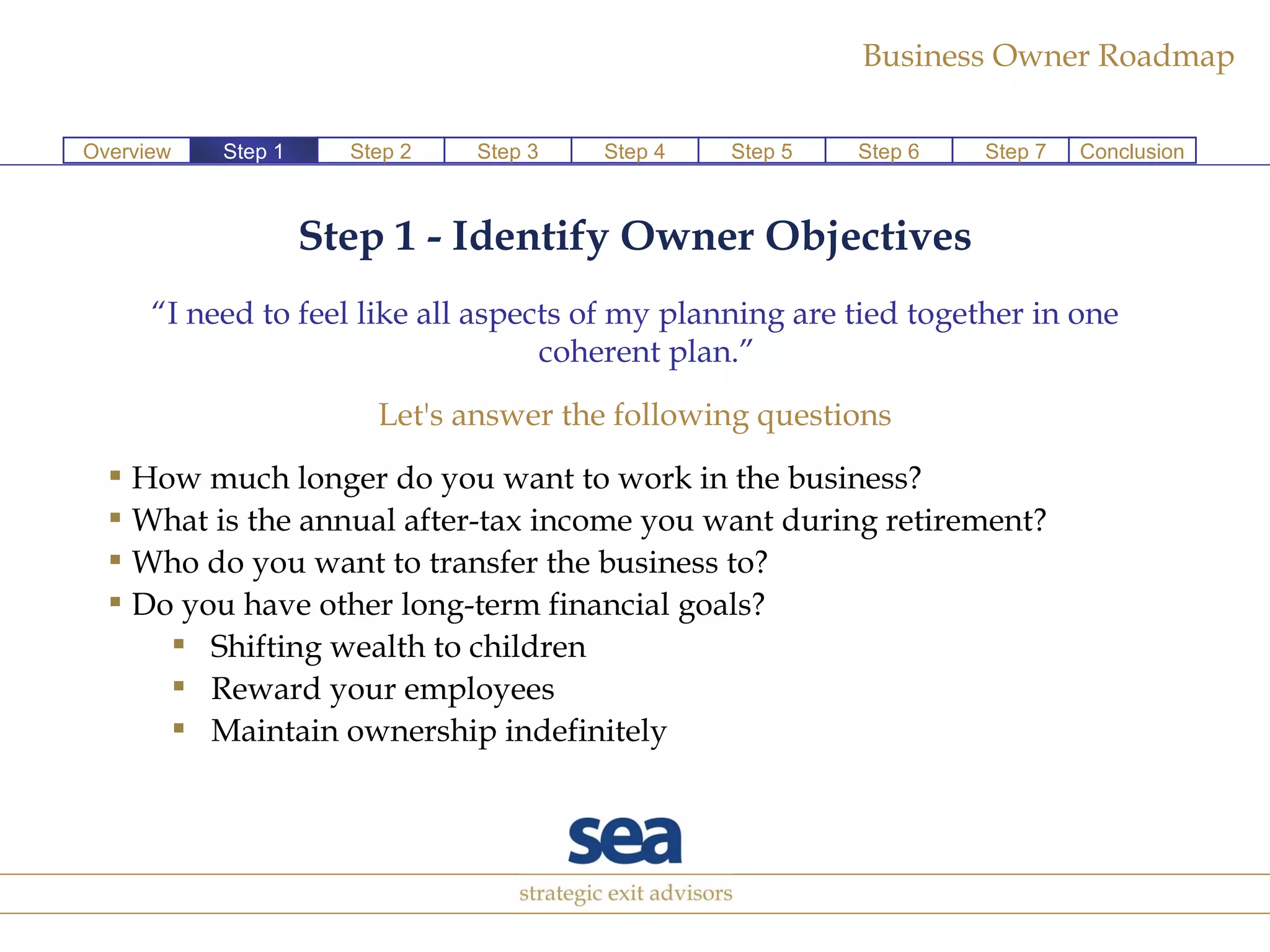 Step 1 - Identify Owner Objectives “ I need to feel like all aspects of my planning are tied together in one coherent plan.” Let's answer the following questions How much longer do you want to work in the business? What is the annual after-tax income you want during retirement?  Who do you want to transfer the business to? Do you have other long-term financial goals?  Shifting wealth to children Reward your employees Maintain ownership indefinitely  Step 2 Step 3 Step 4 Step 5 Step 6 Step 7 Conclusion Overview Step 1 