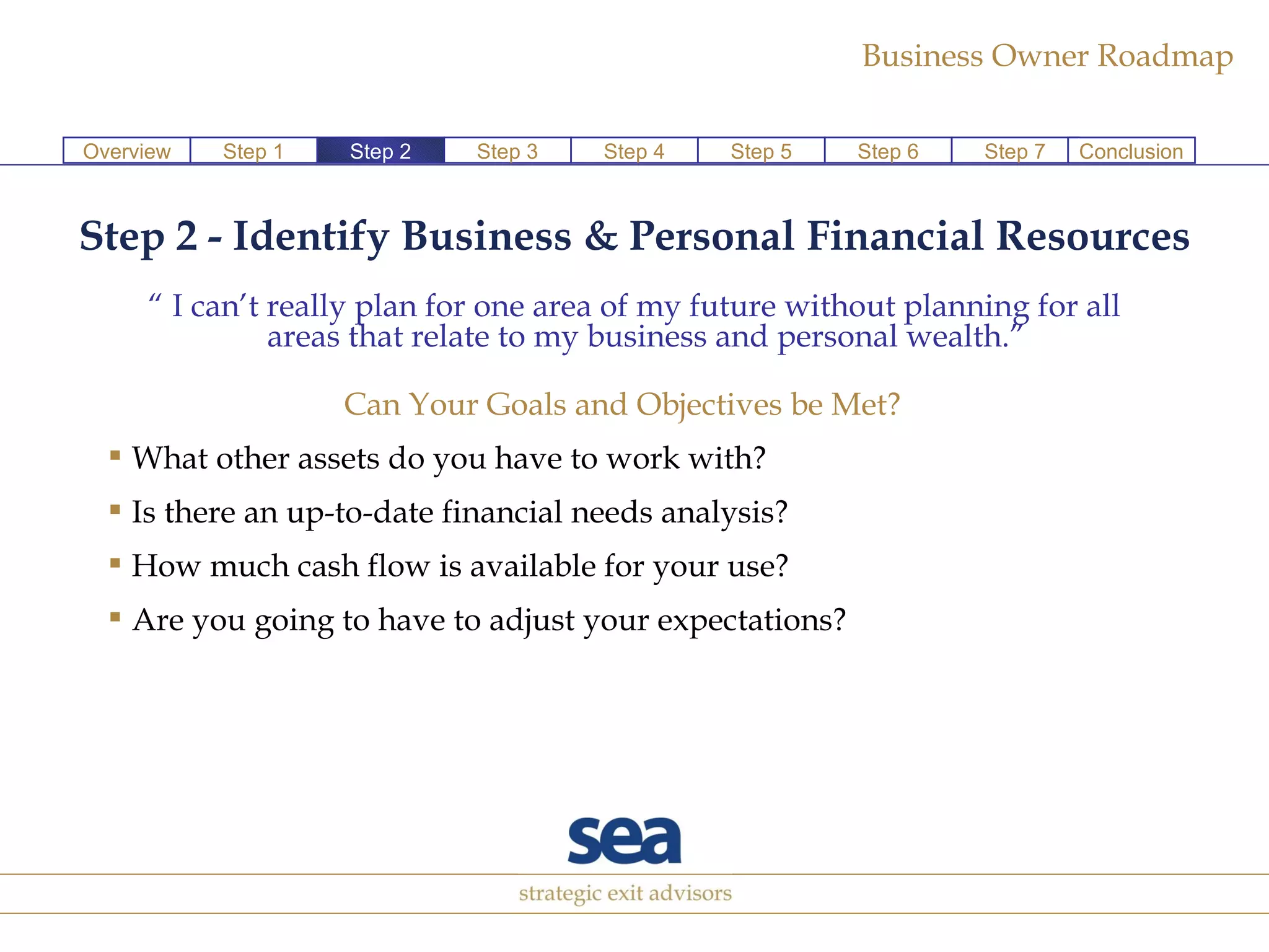Step 2 - Identify Business & Personal Financial Resources “  I can’t really plan for one area of my future without planning for all areas that relate to my business and personal wealth.” Can Your Goals and Objectives be Met?  What other assets do you have to work with?  Is there an up-to-date financial needs analysis? How much cash flow is available for your use?  Are you going to have to adjust your expectations?  Step 1 Step 3 Step 4 Step 5 Step 6 Step 7 Conclusion Overview Step 2 