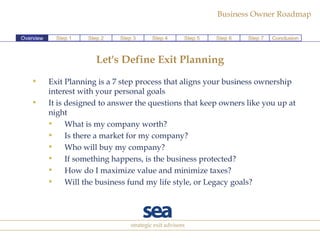 Let's Define Exit Planning Exit Planning is a 7 step process that aligns your business ownership interest with your personal goals  It is designed to answer the questions that keep owners like you up at night  What is my company worth? Is there a market for my company? Who will buy my company? If something happens, is the business protected? How do I maximize value and minimize taxes? Will the business fund my life style, or Legacy goals? Overview Step 2 Step 3 Step 4 Step 5 Step 6 Step 7 Conclusion Step 1 