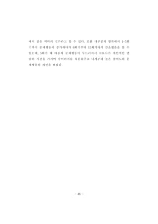 에서 같은 맥락의 결과라고 할 수 있다.또한 대부분의 항목에서 1-5회 
기까지 문제행동이 증가하다가 6회기부터 15회기까지 감소했음을 볼 수 
있는데,5회기 때 아동의 문제행동이 두드러져서 치료사가 개인적인 면 
담의 시간을 가지며 참여의지를 북돋워주고 나서부터 높은 참여도와 문 
- 46 - 
제행동의 개선을 보였다. 
 