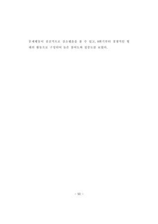 문제행동이 점진적으로 감소했음을 볼 수 있고,8회기부터 경쟁적인 형 
태의 활동으로 구성되어 높은 참여도와 집중도를 보였다. 
- 50 - 
 