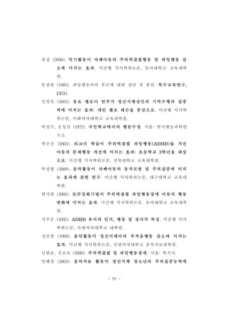 류성 (2000).악기활동이 자폐아동의 주의력결핍행동 및 과잉행동 감 
소에 미치는 효과.미간행 석사학위논문,동아대학교 교육대학 
원. 
문장원 (1985).과잉행동아의 부모에 대한 상담 및 훈련.특수교육연구, 
- 75 - 
13(1). 
민청옥 (2003).동요 멜로디 연주가 정신지체성인의 기억수행과 집중 
력에 미치는 효과:개인 첼로 레슨을 중심으로.미간행 석사학 
위논문,이화여자대학교 교육대학원. 
박성수,오성심 (1972).국민학교에서의 행동수정.서울:한국행동과학연 
구소. 
박수진 (2003).리코더 학습이 주의력결핍 과잉행동(ADHD)을 가진 
아동의 문제행동 개선에 미치는 효과:초등학교 3학년을 대상 
으로.미간행 석사학위논문,전북대학교 교육대학원. 
박정향 (2000).음악활동이 자폐아동의 동작모방 및 주의집중에 미치 
는 효과에 관한 연구.미간행 석사학위논문,대구대학교 교육대 
학원. 
변미원 (2003).토큰강화기법이 주의력결핍 과잉행동장애 아동의 행동 
변화에 미치는 효과.미간행 석사학위논문.동아대학교 교육대학 
원. 
서주은 (2005).ADHD 유아의 인지,행동 및 정서적 특성.미간행 석사 
학위논문,숙명여자대학교 대학원. 
성인영 (1999).음악활동이 정신지체아의 부적응행동 감소에 미치는 
효과.미간행 석사학위논문,숙명여자대학교 음악치료대학원. 
신현균,김진숙 (2000).주의력결핍 및 과잉행동장애.서울:학지사. 
안혜경 (2003).음악치료 활동이 정신지체 청소년의 주의집중능력에 
 