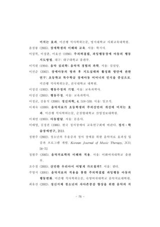 미치는 효과.미간행 석사학위논문,명지대학교 사회교육대학원. 
윤점룡 (2005).장애학생의 이해와 교육.서울:학지사. 
이상복,이상훈,이효신 (1996).주의력결핍,과잉행동장애 아동의 행동 
지도방법.대구:대구대학교 출판부. 
이석원 (1994).음악 심리학:음악적 경험의 과학.서울:심설당. 
이선순 (2002).장애아동의 방과 후 지도실태와 활성화 방안에 관한 
연구:초등학교 특수학급 장애아동 어머니의 인식을 중심으로. 
미간행 석사학위논문,건국대학교 대학원. 
이성진 (1992).행동수정의 기법.서울:교육과학사. 
이성진 (2001).행동수정.서울:교육과학사. 
이정균,김용식 (2000).정신의학,4,518-530.서울:일조각. 
이재숙 (1999).음악치료가 초등학생의 주의산만의 개선에 미치는 효 
과.미간행 석사학위논문,순천향대학교 산업정보대학원. 
이재연 (1993).아동발달.서울:문음사. 
이태영,김정권 (1986).한국 정서장애아 교육연구회에 바란다.정서․학 
- 76 - 
습장애연구,2(1). 
정현주 (2002).청소년의 우울증과 정서 장애를 위한 음악치료 효과성 입 
증과 프로그램 개발.Korean JournalofMusic Therapy,3(3), 
58-72. 
정현주 (2005).음악치료학의 이해와 적용.서울:이화여자대학교 출판 
부. 
조수철 (2005).산만한 우리아이 어떻게 가르칠까?.서울:샘터. 
주영지 (2001).음악치료의 적용을 통한 주의력결핍 과잉행동 아동의 
행동변화.미간행 석사학위논문,숙명여자대학교 음악치료대학원. 
최유선 (2002).정신지체 청소년의 자아존중감 향상을 위한 음악의 치 
 