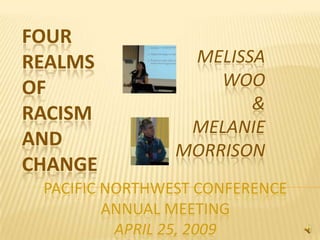 FOUR
                 MELISSA
REALMS
                    WOO
OF
                       &
RACISM
                 MELANIE
AND
                MORRISON
CHANGE
 PACIFIC NORTHWEST CONFERENCE
         ANNUAL MEETING
          APRIL 25, 2009
 