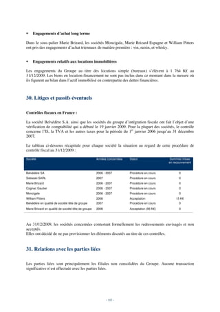 Engagements d’achat long terme

Dans le sous-palier Marie Brizard, les sociétés Moncigale, Marie Brizard Espagne et William Pitters
ont pris des engagements d’achat triennaux de matière première : vin, raisin, et whisky.


     Engagements relatifs aux locations immobilières

Les engagements du Groupe au titre des locations simple (bureaux) s’élèvent à 1 764 K€ au
31/12/2009. Les biens en location-financement ne sont pas inclus dans ce montant dans la mesure où
ils figurent au bilan dans l’actif immobilisé en contrepartie des dettes financières.



30. Litiges et passifs éventuels

Contrôles fiscaux en France :

La société Belvédère S.A. ainsi que les sociétés du groupe d’intégration fiscale ont fait l’objet d’une
vérification de comptabilité qui a débuté le 19 janvier 2009. Pour la plupart des sociétés, le contrôle
concerne l’IS, la TVA et les autres taxes pour la période du 1er janvier 2006 jusqu’au 31 décembre
2007.

Le tableau ci-dessous récapitule pour chaque société la situation au regard de cette procédure de
contrôle fiscal au 31/12/2009 :

Société                                              Années concernées   Statut                 Sommes mises
                                                                                               en recouvrement


Belvédère SA                                         2006 - 2007         Procédure en cours          0
Sobieski SARL                                        2007                Procédure en cours          0
Marie Brizard                                        2006 - 2007         Procédure en cours          0
Cognac Gautier                                       2006 - 2007         Procédure en cours          0
Moncigale                                            2006 - 2007         Procédure en cours          0
William Pitters                                      2006                Acceptation               15 K€
Belvédère en qualité de société tête de groupe       2007                Procédure en cours          0
Marie Brizard en qualité de société tête de groupe   2006                Acceptation (95 K€)         0




Au 31/12/2009, les sociétés concernées contestent formellement les redressements envisagés et non
acceptés.
Elles ont décidé de ne pas provisionner les éléments discutés au titre de ces contrôles.


31. Relations avec les parties liées

Les parties liées sont principalement les filiales non consolidées du Groupe. Aucune transaction
significative n’est effectuée avec les parties liées.




                                                            - 103 -
 