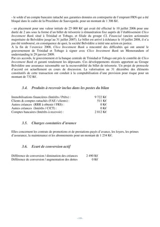 - le solde d’un compte bancaire rattaché aux garanties données en contrepartie de l’emprunt FRN qui a été
bloqué dans le cadre de la Procédure de Sauvegarde, pour un montant de 1 306 K€.

- un placement pour une valeur initiale de 25 000 K€ qui avait été effectué le 10 juillet 2006 pour une
durée de 2 ans sous la forme d’un billet de trésorerie à rémunération fixe auprès de l’établissement Clico
Investment Bank situé à Trinidad et Tobago, et filiale du groupe CL Financial (ancien actionnaire
majoritaire de Belvédère jusqu’au 31 juillet 2007). Le billet est arrivé à échéance le 10 juillet 2008, il n’a
pas été remboursé, en conséquence de quoi, la société Belvédère a initié une action en justice.
A la fin de l’exercice 2008, Clico Investment Bank a rencontré des difficultés qui ont amené le
gouvernement de Trinidad et Tobago à signer avec Clico Investment Bank un Memorandum of
understanding le 29 janvier 2009.
Par ces accords, le gouvernement et la banque centrale de Trinidad et Tobago ont pris le contrôle de Clico
Investment Bank et garanti totalement les déposants. Ces développements récents apportent au Groupe
Belvédère une assurance raisonnable sur la recouvrabilité du billet de trésorerie. Un projet de protocole
d’accord est actuellement en cours de discussion. La valorisation au 31 décembre des éléments
constitutifs de cette transaction ont conduit à la comptabilisation d’une provision pour risque pour un
montant de 732 K€.


        3.4.    Produits à recevoir inclus dans les postes du bilan

Immobilisations financières (Intérêts / Prêts) :                   9 722 K€
Clients & comptes rattachés (FAE / clients) :                        511 K€
Autres créances (RRR à obtenir / FRS) :                                0 K€
Autres créances (Intérêts / C/CT) :                                    0 K€
Comptes bancaires (Intérêts à recevoir) :                          2 812 K€


        3.5.    Charges constatées d’avance

Elles concernent les contrats de promotions et de prestations payés d’avance, les loyers, les primes
d’assurance, la maintenance et les abonnements pour un montant de 1 234 K€.


        3.6.    Ecart de conversion actif

Différence de conversion / diminution des créances            2 490 K€
Différence de conversion / augmentation des dettes                0 K€




                                                    - 119 -
 