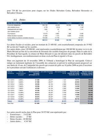 pour 739 K€ les provisions pour risques sur les filiales Belvedere Ceska, Belvedere Slovensko et
Belvedere Ukraina.


            4.4.       Dettes
Etat des dettes (en K€)                                  Montant brut               - 1 an          1 à 5 ans               + 5 ans
Emprunts obligataires                                        524 128               22 630               140 094            361 404
dont intèrêts courus                                           3 778                2 616                                       1 162
Etablissements de crédit                                       1 652                  67                   444                  1 141
dont intèrêts courus                                               2                    2
Fournisseurs                                                  13 019               9 987                   596                  2 436
Dettes fiscales & sociales                                    21 608               1 415                  5 654             14 539
Autres dettes et produits constatés d'avance                 120 006              12 729                     -             107 277
TOTAL                                                        680 412              46 828                146 788           486 797


Les dettes fiscales et sociales, pour un montant de 21 608 K€, sont essentiellement composées de 19 962
K€ au titre de l’impôt sur les sociétés.
Les autres dettes, pour 120 006 K€, sont représentées essentiellement par 100 869 K€ de dette vis-à-vis de
Marie Brizard au titre de la convention de trésorerie des sociétés françaises du groupe. Dans le cadre de la
Procédure de Sauvegarde, la créance de Marie Brizard n’a pas été déclarée dans les passifs de Belvédère
SA. Juridiquement, son remboursement est donc exclu du Plan et reporté à 10 ans.

Dans son jugement du 10 novembre 2009, le Tribunal a homologué le Plan de sauvegarde. Celui-ci
intègre un traitement égalitaire de l’ensemble des créanciers et prévoit le remboursement progressif sur
une durée de 10 ans, de l’intégralité des passifs qui avaient été gelés au 16 juillet 2008 au jour d’ouverture
de la procédure suivant l’échéancier ci-dessous :

Date de           Taux de          Remboursement dont dette financière            dont autres passifs         Paiements des         Montant total de
l'échéance     remboursement               du passif            en K€                          en K€     intérêts de la dette    l'échéance (passif
                  du passif        (principal) en K€                                                        financière en K€       et intérêts) en K€


10/11/2010         3,846%                       21 268                   20 077                1 191                  18 761                  40 029
10/11/2011         3,846%                       21 268                   20 077                1 191                  20 852                  42 121
10/11/2012         7,692%                       42 536                   40 154                2 383                  20 018                  62 555
10/11/2013         7,692%                       42 536                   40 154                2 383                  18 350                  60 887
10/11/2014         7,692%                       42 536                   40 154                2 383                  16 682                  59 218
10/11/2015         7,692%                       42 536                   40 154                2 383                  15 014                  57 550
10/11/2016         15,385%                      85 073                   80 307                4 765                  13 346                  98 418
10/11/2017         15,385%                      85 073                   80 307                4 765                  10 009                  95 082
10/11/2018         15,385%                      85 073                   80 307                4 765                   6 673                  91 746
10/11/2019         15,385%                      85 073                   80 307                4 765                  88 725                173 798
Totaux             100,000%                    552 973                  521 998               30 975                228 431                 781 404
Hors Plan                                      101 806                                       101 806                                        101 806




Les autres passifs inclus dans le Plan pour 30 975 K€ sont représentés par :
- Fournisseurs : 5 432 K€
- Dettes sociales :      27 K€
- Dettes fiscales : 20 969 K€
- Autres dettes : 4 547 K€




                                                                       - 121 -
 