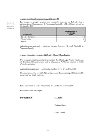 Avances non rémunérées octroyées par Belvédère SA

BELVEDERE SA
                   Les avances en comptes courants non rémunérées octroyées par Belvédère SA à
Comptes annuels
                   certaines de ses filiales au cours de l’exercice présentent les soldes débiteurs suivants au
Exercice clos le   31 décembre 2009 :
31 décembre 2009


                                                                                     Solde débiteur au
                                                                                        31/12/2009
                       Bénéficiaires                                                      en K€
                   Belvédère Distribution                                                                    948
                   Polmos Krakow                                                                              21
                   Nahéma                                                                                      5


                   Administrateurs concernés : Messieurs Jacques Rouvroy, Krysztof Trylinski et
                   Waldemar Rudnik.


                   Avances rémunérées consenties à Belvédère SA par Vilnius Degtine

                   Une avance en compte courant a été consentie à Belvédère SA par Vilnius Degtine. Au
                   31 décembre 2009, cette avance s’élève à hauteur de 769 K€ de principal et 86 K€
                   d’intérêts capitalisés.

                   Administrateurs concernés : Messieurs Jacques Rouvroy et Krysztof Trylinski.

                   Ces conventions n’ont pas fait l’objet de la procédure d’autorisation préalable applicable
                   en raison d’une simple omission.




                   Fait à Saint Julien de Civry, Villeurbanne et à Courbevoie, le 9 juin 2010

                   Les commissaires aux comptes



                   DIDIER ROUX                                      MAZARS



                                                                    Christine Dubus



                                                                    Lionel Gotlieb




                                                        - 165 -
 