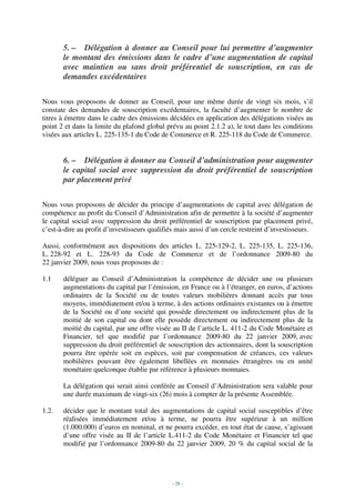 5. – Délégation à donner au Conseil pour lui permettre d’augmenter
       le montant des émissions dans le cadre d’une augmentation de capital
       avec maintien ou sans droit préférentiel de souscription, en cas de
       demandes excédentaires

Nous vous proposons de donner au Conseil, pour une même durée de vingt six mois, s’il
constate des demandes de souscription excédentaires, la faculté d’augmenter le nombre de
titres à émettre dans le cadre des émissions décidées en application des délégations visées au
point 2 et dans la limite du plafond global prévu au point 2.1.2 a), le tout dans les conditions
visées aux articles L. 225-135-1 du Code de Commerce et R. 225-118 du Code de Commerce.


       6. – Délégation à donner au Conseil d’administration pour augmenter
       le capital social avec suppression du droit préférentiel de souscription
       par placement privé

Nous vous proposons de décider du principe d’augmentations de capital avec délégation de
compétence au profit du Conseil d’Administration afin de permettre à la société d’augmenter
le capital social avec suppression du droit préférentiel de souscription par placement privé,
c’est-à-dire au profit d’investisseurs qualifiés mais aussi d’un cercle restreint d’investisseurs.

Aussi, conformément aux dispositions des articles L. 225-129-2, L. 225-135, L. 225-136,
L. 228-92 et L. 228-93 du Code de Commerce et de l’ordonnance 2009-80 du
22 janvier 2009, nous vous proposons de :

1.1    déléguer au Conseil d’Administration la compétence de décider une ou plusieurs
       augmentations du capital par l’émission, en France ou à l’étranger, en euros, d’actions
       ordinaires de la Société ou de toutes valeurs mobilières donnant accès par tous
       moyens, immédiatement et/ou à terme, à des actions ordinaires existantes ou à émettre
       de la Société ou d’une société qui possède directement ou indirectement plus de la
       moitié de son capital ou dont elle possède directement ou indirectement plus de la
       moitié du capital, par une offre visée au II de l’article L. 411-2 du Code Monétaire et
       Financier, tel que modifié par l’ordonnance 2009-80 du 22 janvier 2009, avec
       suppression du droit préférentiel de souscription des actionnaires, dont la souscription
       pourra être opérée soit en espèces, soit par compensation de créances, ces valeurs
       mobilières pouvant être également libellées en monnaies étrangères ou en unité
       monétaire quelconque établie par référence à plusieurs monnaies.

       La délégation qui serait ainsi conférée au Conseil d’Administration sera valable pour
       une durée maximum de vingt-six (26) mois à compter de la présente Assemblée.

1.2.   décider que le montant total des augmentations de capital social susceptibles d’être
       réalisées immédiatement et/ou à terme, ne pourra être supérieur à un million
       (1.000.000) d’euros en nominal, et ne pourra excéder, en tout état de cause, s’agissant
       d’une offre visée au II de l’article L.411-2 du Code Monétaire et Financier tel que
       modifié par l’ordonnance 2009-80 du 22 janvier 2009, 20 % du capital social de la




                                               - 28 -
 