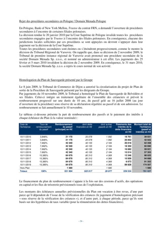 Rejet des procédures secondaires en Pologne / Domain Menada Pologne

En Pologne, Bank of New York Mellon, Trustee du contrat FRN, a demandé l’ouverture de procédures
secondaires à l’encontre de certaines filiales polonaises.
La décision rendue le 20 janvier 2010 par la Cour Suprême de Pologne invalide toutes les procédures
secondaires engagées par le Trustee à l’encontre des filiales polonaises. En conséquence, chacune des
juridictions locales sollicitées par ces procédures se sont appuyées ou devront s’appuyer dans leur
jugement sur la décision de la Cour Suprême.
Toutes les procédures secondaires sont éteintes ou s’éteindront progressivement, comme le montre la
décision du Tribunal Régional de Varsovie. On rappelle que, dans sa décision du 2 novembre 2009, le
Tribunal de première instance régional de Varsovie avait prononcé une procédure secondaire de la
société Domain Menada Sp. z.o.o., et nommé un administrateur à cet effet. Les jugements des 25
février et 5 mars 2010 invalident la décision du 2 novembre 2009. En conséquence, le 31 mars 2010,
la société Domain Menada Sp. z.o.o. a repris le cours normal de son activité.



Homologation du Plan de Sauvegarde présenté par le Groupe

Le 8 juin 2009, le Tribunal de Commerce de Dijon a autorisé la circularisation du projet de Plan de
sortie de la Procédure de Sauvegarde présenté par les dirigeants du Groupe.
Par jugements du 10 novembre 2009, le Tribunal a homologué le Plan de Sauvegarde de Belvédère et
ses filiales. Celui-ci intègre un traitement égalitaire de l’ensemble des créanciers et prévoit le
remboursement progressif sur une durée de 10 ans, du passif gelé au 16 juillet 2008 (au jour
d’ouverture de la procédure) sous réserve de sa déclaration régulière au passif et de son admission. Le
remboursement se fait annuellement le 10 novembre.

Le tableau ci-dessous présente la part de remboursement des passifs et le paiement des intérêts à
chaque échéance du Plan (à la valeur nominale) :

Date de          Taux de      Remboursement             dont dette       dont autres    Paiements des     Montant total de
l'échéance    remboursement           du passif   financière en K€     passifs en K€     intérêts de la        l'échéance
                 du passif    (principal) en K€                                        dette financière          (passif et
                                                                                                 en K€     intérêts) en K€

10/11/2010      3,846%                  21 170                20 078          1 092             18 761              39 931
10/11/2011      3,846%                  21 170                20 078          1 092             20 852              42 022
10/11/2012      7,692%                  42 340                40 155          2 184             20 018              62 358
10/11/2013      7,692%                  42 340                40 155          2 184             18 350              60 690
10/11/2014      7,692%                  42 340                40 155          2 184             16 682              59 021
10/11/2015      7,692%                  42 340                40 155          2 184             15 014              57 353
10/11/2016      15,385%                 84 679                80 310          4 369             13 346              98 025
10/11/2017      15,385%                 84 679                80 310          4 369             10 009              94 688
10/11/2018      15,385%                 84 679                80 310          4 369              6 673              91 352
10/11/2019      15,385%                 84 679                80 310          4 369             89 828             174 507
Hors Plan                                1 580                                1 580                                  1 580
Totaux            100%                 551 994               522 017         29 977            229 534             781 527



Le financement du plan de remboursement s’appuie à la fois sur des cessions d’actifs, des opérations
en capital et les flux de trésorerie prévisionnels issus de l’exploitation.

Les montants des échéances annuelles prévisionnelles du Plan ont vocation à être revus, d’une part
parce qu’il dépendent de l’issue de la vérification des créances (le jugement d’homologation précisant
« sous réserve de la vérification des créances »), et d’autre part, à chaque période, parce qu’ils sont
basés sur des hypothèses de taux variable (pour la rémunération des dettes financières).




                                                    - 54 -
 