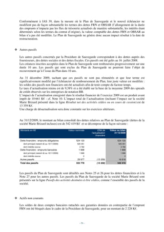 Conformément à IAS 39, dans la mesure où le Plan de Sauvegarde et le nouvel échéancier ne
modifient pas de façon substantielle les termes des dettes FRN et OBSAR (l’allongement de la durée
des emprunts n’impacte pas les flux de trésorerie actualisés de manière substantielle, les intérêts étant
déterminés selon les termes du contrat d’origine), la valeur comptable des dettes FRN et OBSAR au
bilan n’a pas été modifiée. Le Plan de Sauvegarde ne génère donc aucun impact résultat à la date de
restructuration.


Autres passifs

Les autres passifs concernés par la Procédure de Sauvegarde correspondent à des dettes auprès des
fournisseurs, des dettes sociales et des dettes fiscales. Ces passifs ont été gelés au 16 juillet 2008.
Les créances inscrites acceptées dans le Plan de Sauvegarde sont remboursées progressivement sur une
durée 10 ans. Les passifs qui sont exclus du Plan de Sauvegarde ne pourront faire l’objet de
recouvrement qu’à l’issue du Plan dans 10 ans.

Au 31 décembre 2009, sachant que ces passifs ne sont pas rémunérés et que leur terme est
significativement modifié par l’échéancier de remboursement du Plan, leur juste valeur est modifiée :
les soldes des passifs non financiers ont été actualisés afin de tenir compte du facteur temps.
Le taux d’actualisation retenu est de 9,38% et a été établi sur la base de la moyenne 2009 des spreads
de crédit observés sur les entreprises de notation BB.
L’impact de l’actualisation enregistré dans le résultat financier de l’exercice 2009 est un produit avant
impôt de 10 661 K€ : cf. Note 10. L’impact total de l’actualisation (incluant l’impact sur la société
Marie Brizard présenté dans la ligne Résultat net des activités cédées ou en cours de cession) est de
13 359 K€.
Une charge de désactualisation sera donc constatée sur les exercices ultérieurs.


Au 31/12/2009, le montant au bilan consolidé des dettes relatives au Plan de Sauvegarde (dettes de la
société Marie Brizard incluses) est de 542 419 K€ et se décompose de la façon suivante :

Montants en K€                                 Valeur nominale            Effet de   Valeur au bilan
                                                                  l'actualisation        31/12/2009
                                                                       financière

Dette financière : emprunts obligataires              524 133                               524 133
   dont principal (restant dû au 10/11/2009)           520 351                               520 351
   dont intérêts courus                                  3 782                                 3 782
Dette financière : emprunts bancaires                   1 668                                 1 668
   dont principal (restant dû au 10/11/2009)             1 666                                 1 666
   dont intérêts courus                                      2                                    2
Autres passifs                                         29 977           (13 359)             16 618
Total des passifs                                     555 778           (13 359)            542 419



Les passifs du Plan de Sauvegarde sont détaillés aux Notes 25 et 26 pour les dettes financières et à la
Note 27 pour les autres passifs. Les passifs du Plan de Sauvegarde de la société Marie Brizard sont
présentés sur la ligne Passifs des activités destinées à être cédées, comme l’ensemble des passifs de la
société.



Actifs non courants

Les soldes de deux comptes bancaires rattachés aux garanties données en contrepartie de l’emprunt
FRN ont été bloqués dans le cadre de la Procédure de Sauvegarde, pour un montant de 2 228 K€.



                                                         - 56 -
 