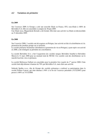 4.2     Variations de périmètre



En 2009

Sur l’exercice 2009, le Groupe a créé une nouvelle filiale en France, SVI, sous-filiale à 100% de
Belvédère S.A. Elle est consolidée à compter du 30 juin 2009.
Une filiale russe, Maguicheski Kristall, a été fermée. Elle était sans activité. La filiale est déconsolidée
au 31 décembre 2009.


En 2008

Sur l’exercice 2008, 3 sociétés ont été acquises en Pologne, leur activité est liée à la distribution et à la
promotion des produits groupe sur ce territoire.
La société polonaise Sommelier (distribution et promotion de vin en Pologne), ayant repris son activité
en 2008, a été réintégrée au périmètre de consolidation.

La société Belvédère S.A. a fait l’acquisition des sociétés turques Belvédère Istanbul et Belvédère
Mercin le 31 mars 2008 pour un montant total de 500 K€. Ces sociétés sont des distributeurs sur le
marché local des vins et spiritueux.

La société Biélorusse Galliart est consolidée pour la première fois à partir du 1er janvier 2008. Cette
société était déjà détenue à hauteur de 70% par Belvédère S.A. mais était sans activité.

Sobieski Spolka z.o.o., tête de Groupe des sociétés polonaises a renforcé sa participation dans la
société Polmos Lancut, qui était détenue à 96% à la fin de l’exercice précédent (31/12/2007) pour
passer à 100% au 31/12/2008.




                                                    - 68 -
 