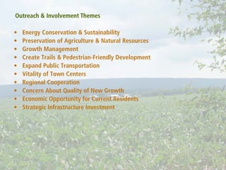 Outreach & Involvement Themes

•   Energy Conservation & Sustainability
•   Preservation of Agriculture & Natural Resources
•   Growth Management
•   Create Trails & Pedestrian-Friendly Development
•   Expand Public Transportation
•   Vitality of Town Centers
•   Regional Cooperation
•   Concern About Quality of New Growth
•   Economic Opportunity for Current Residents
•   Strategic Infrastructure Investment
 
