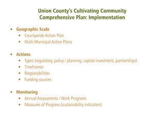 Union County’s Cultivating Community
                Comprehensive Plan: Implementation

• Geographic Scale
   • Countywide Action Plan
   • Multi-Municipal Action Plans

• Actions
   • Types (regulatory, policy / planning, capital investment, partnerships)
   • Timeframes
   • Responsibilities
   • Funding sources

• Monitoring
   • Annual Assessments / Work Programs
   • Measures of Progress (sustainability indicators)
 