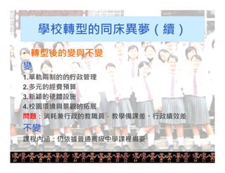 22 
學校轉型的同床異夢（續） 
• 轉型後的變與不變 
變 
1.單軌兩制的的行政管理 
2.多元的經費預算 
3.新穎的硬體設施 
4.校園環境與景觀的拓展 
問題：消耗兼行政的教職員，教學備課差、行政績效差 
不變 
課程內涵：仍依據普通高級中學課程綱要 
 